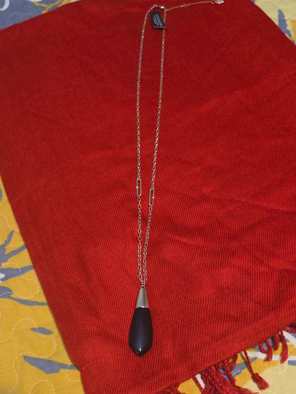 Long Gold Chain Necklace with Black Teardrop Pendant